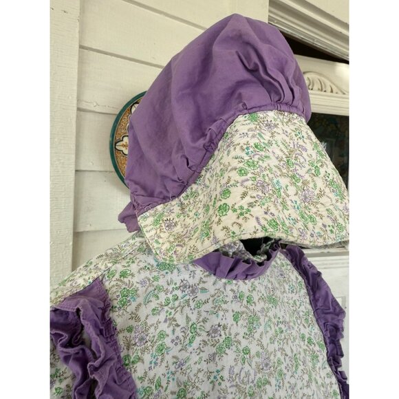 Vintage 70's Cotton Floral Purple Flower Dress With Matching Bonnet Sz M - Picture 6 of 16